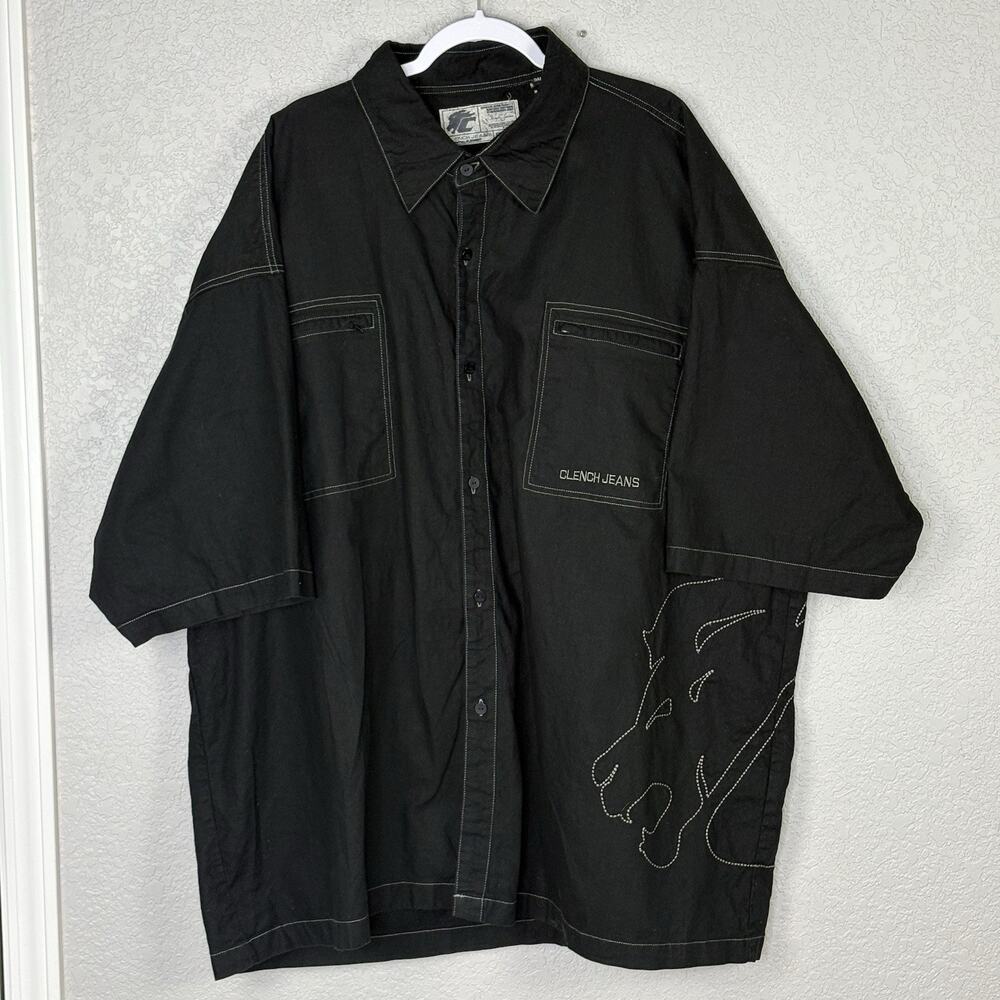 Vintage Clench Jeans Button Up Shirt Embroidered Lion Sz 5XL Y2K Hip Hop Skater